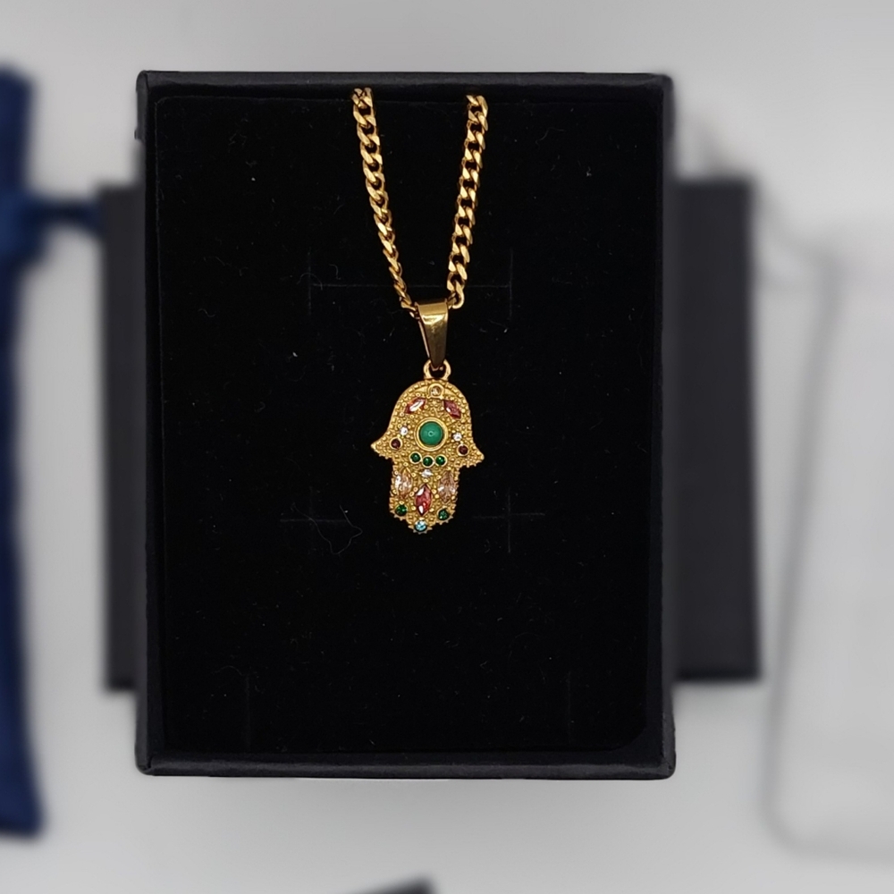18K Gold Plated Hand Of Hamza with 18K Miami Cuban Link Chain